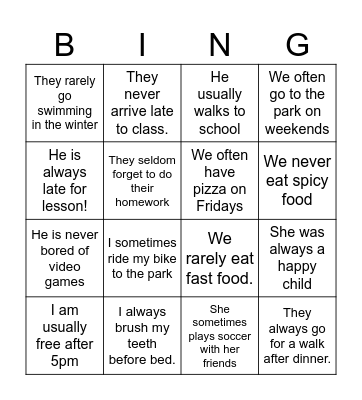Adverbs of frequency Bingo Card