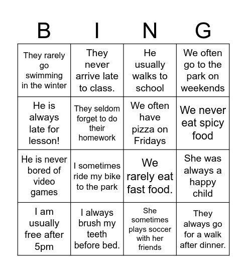 Adverbs of frequency Bingo Card