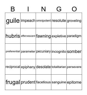 Vocabulary Bingo Card