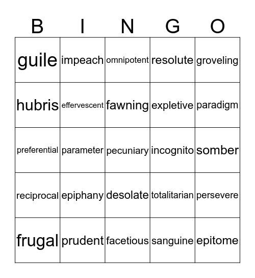 Vocabulary Bingo Card