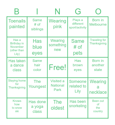 Lily’s Birthday Bingo Card