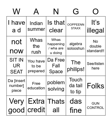 Classwork 8-2 Bingo Card