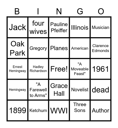 Ernest Hemingway Bingo Card