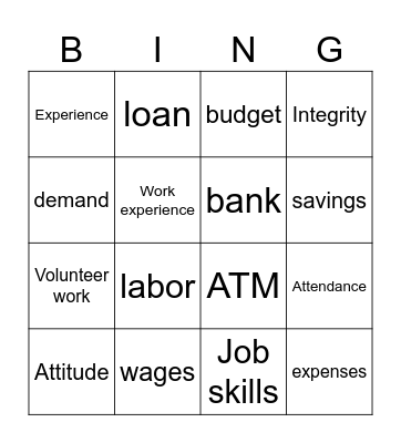 Money Skills/ Job Application Bingo Card