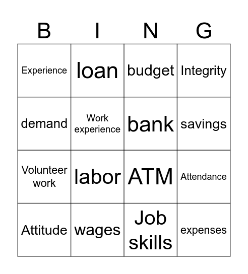 Money Skills/ Job Application Bingo Card