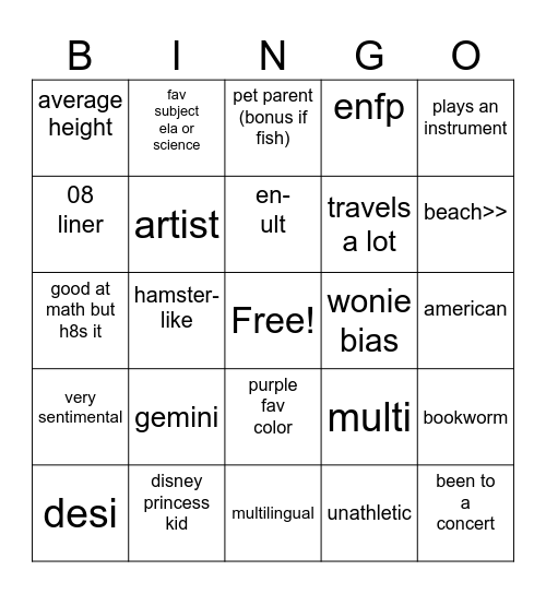 rain's bingo Card