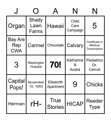 Happy 70th Birthday Bingo Card