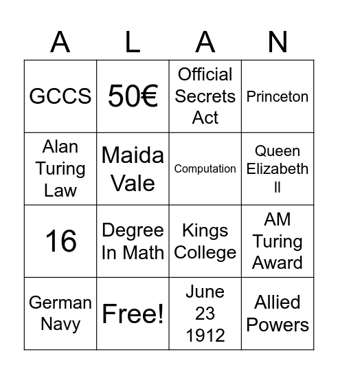 Alan Turing BINGO Card