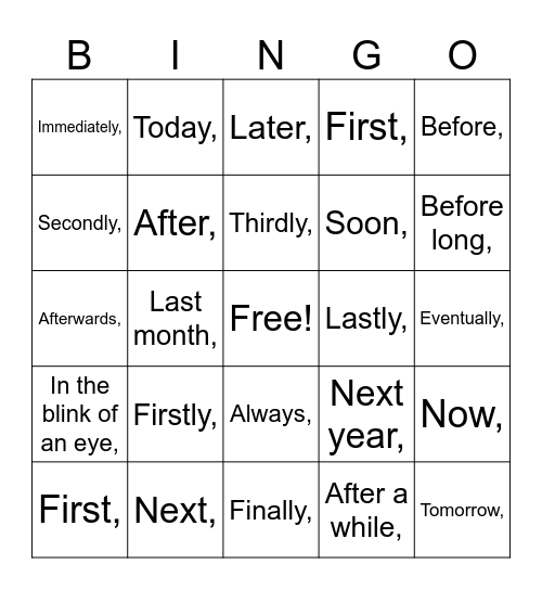 Time Connectives BINGO Card