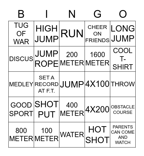 Track and Field Bingo Card