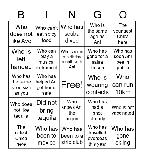 Find a Chica who ... Bingo Card