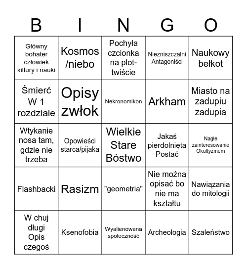 Lovecraft Bingo Card