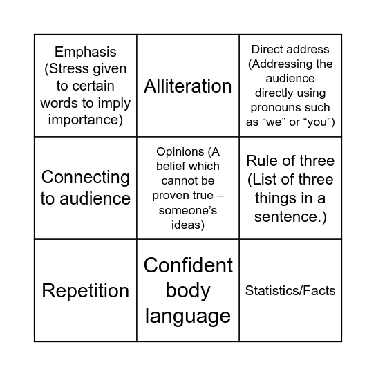 Persuasive Speech Techniques Bingo Card