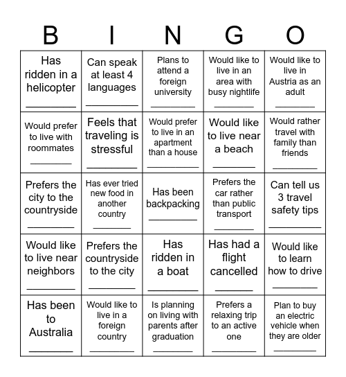 Travel and Living Bingo Card