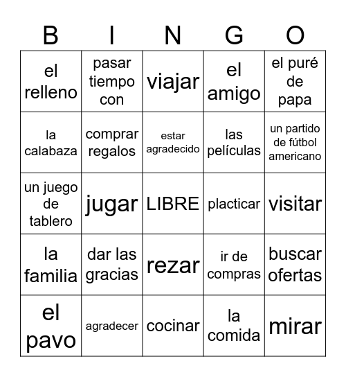 Día de Gracias Bingo Card