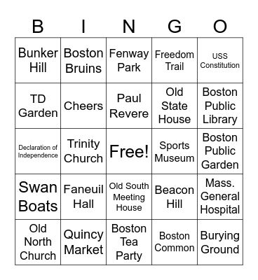 Boston Trolley Tour BINGO Card