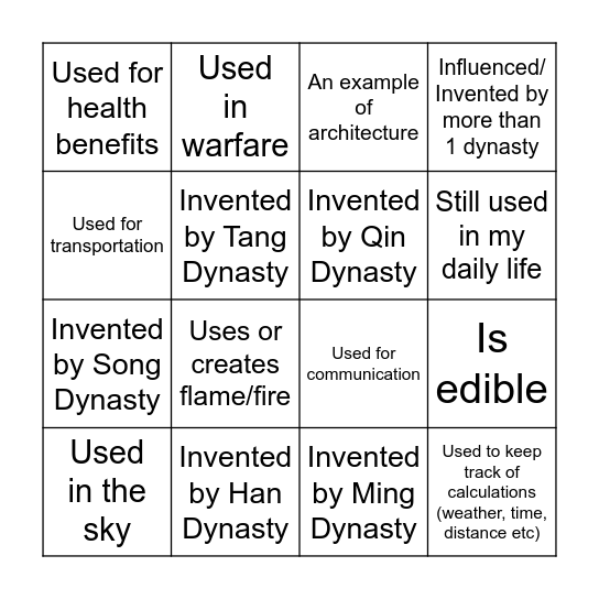 Ancient Chinese Invention Bingo Card