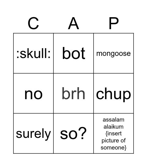 Things Faizan says Bingo Card