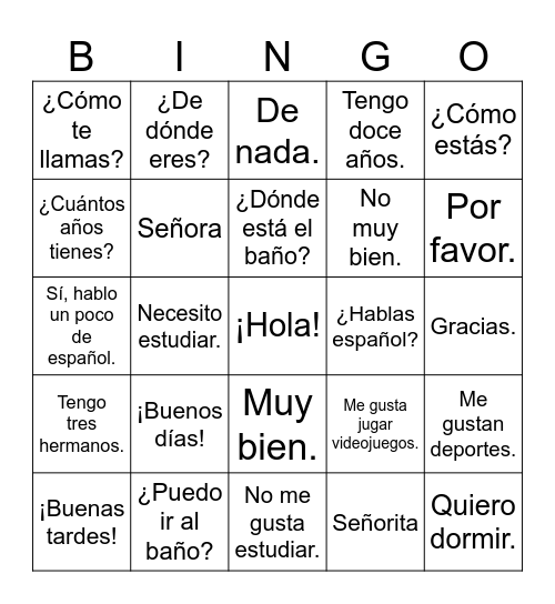 Vocabulario Útil Bingo Card