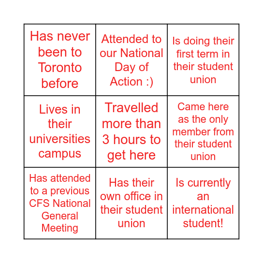 Check as many boxes as possible! Bingo Card