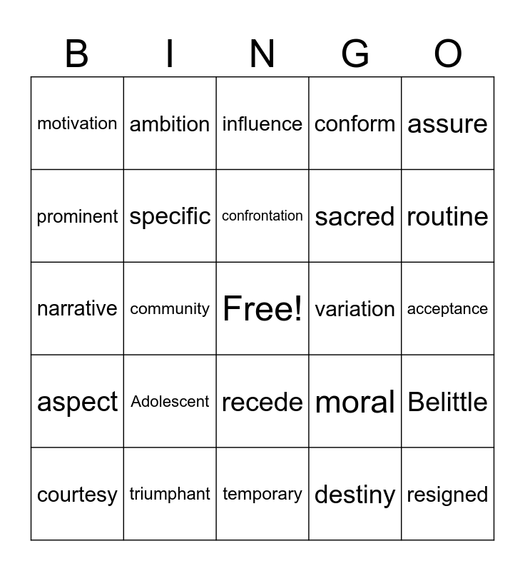 Unit 1 & 2 Vocabulary Bingo Card