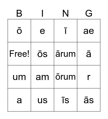 1st & 2nd Declension Endings Bingo Card