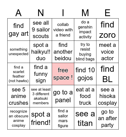 Anime NYC 2023 Bingo ! Bingo Card