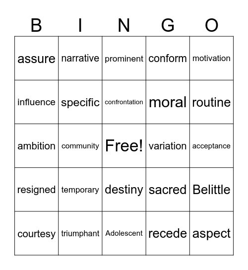 Unit 1 & 2 Vocabulary Bingo Card