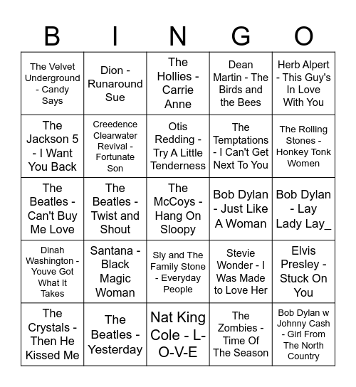 1960s Bingo Card