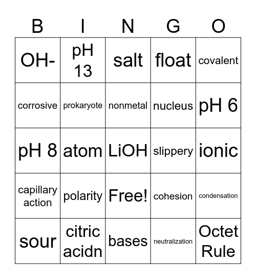 Gilchrist Water and pH Chemistry Bingo Card