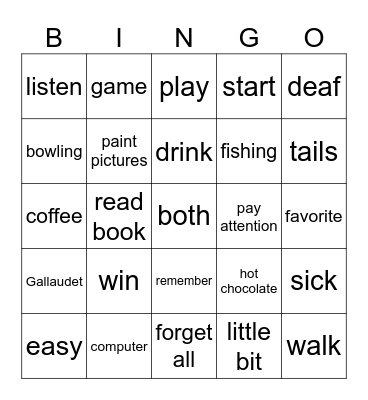 ASL Unit 2 Vocabulary Bingo Card