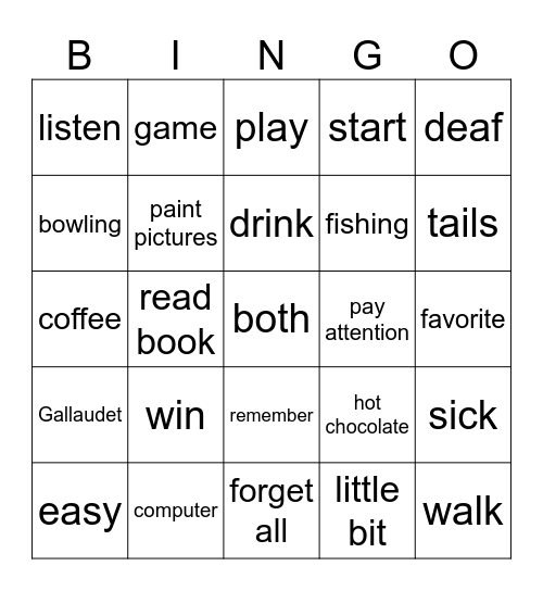 ASL Unit 2 Vocabulary Bingo Card