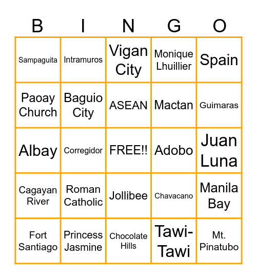 Philippine Trivia Night Bingo Card