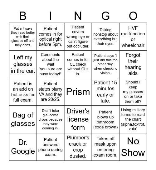 Eye Clinic Bingo Card