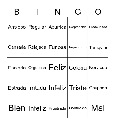 Spanish Emotions Bingo Card