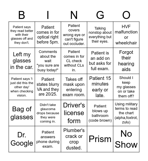 Eye Clinic Bingo Card