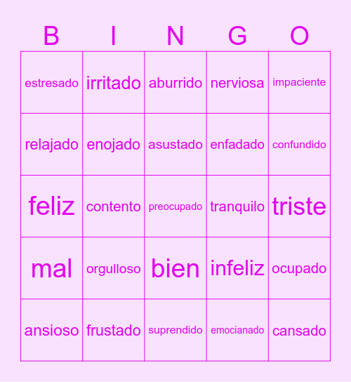 spanish emotions Bingo Card