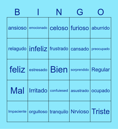 Emotions and feelings in Spanish Bingo Card