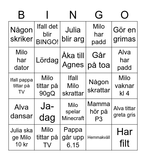 Milo-bingo! (ni måste säga ja till allt) Bingo Card