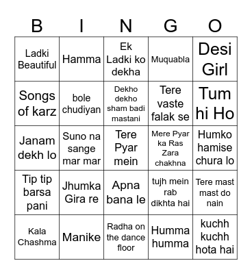 Bollywood Song Bingo Card