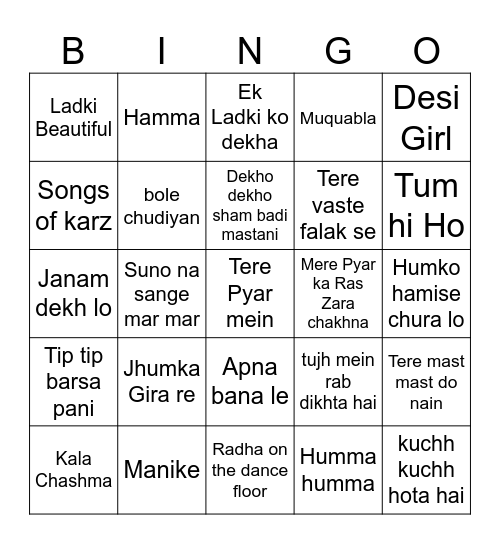 Bollywood Song Bingo Card