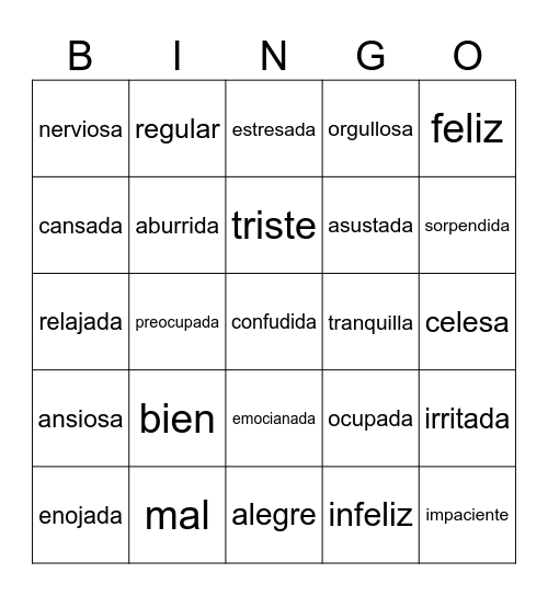 Spanish Emotions Bingo Card