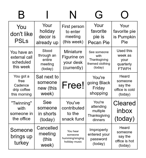 Thanksgiving Bingo Card