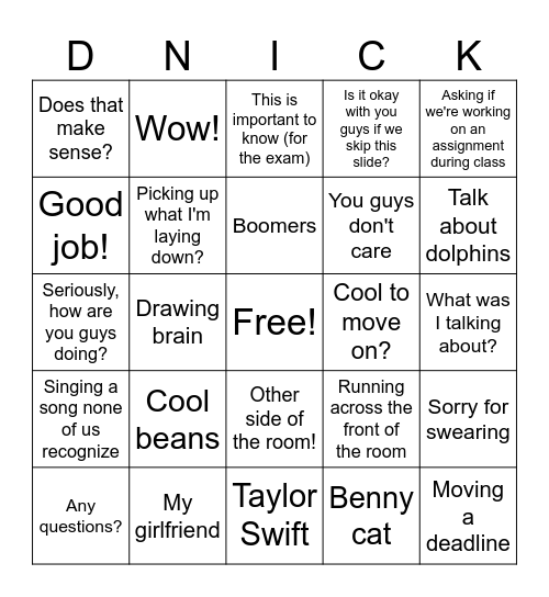 Dr. Nick Bingo Card