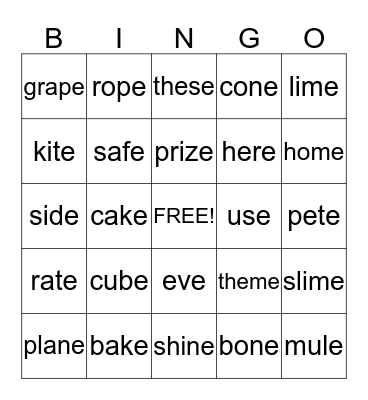 Sneaky E bingo Card