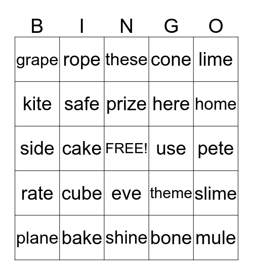 Sneaky E bingo Card