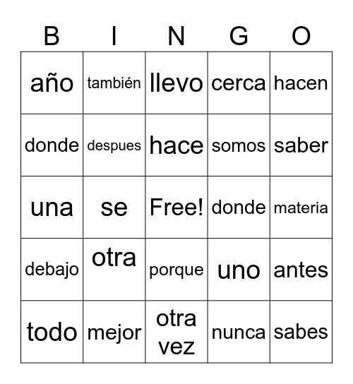 Palabras de uso frecuente 2ndo grado # 1 Bingo Card