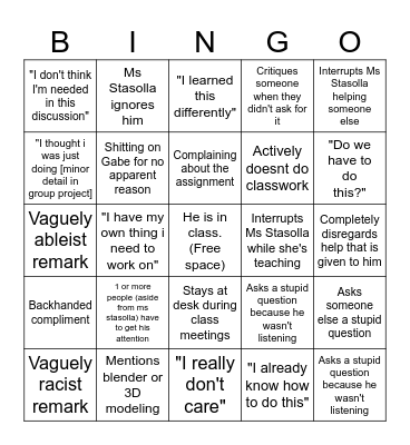 Insufferable Art Kid bingo Card