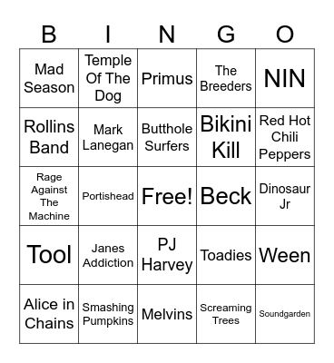 GRUNGE/ALTERNATIVE Bingo Card