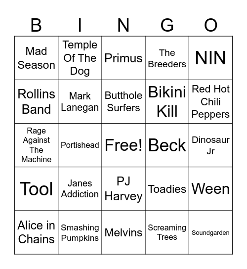 GRUNGE/ALTERNATIVE Bingo Card